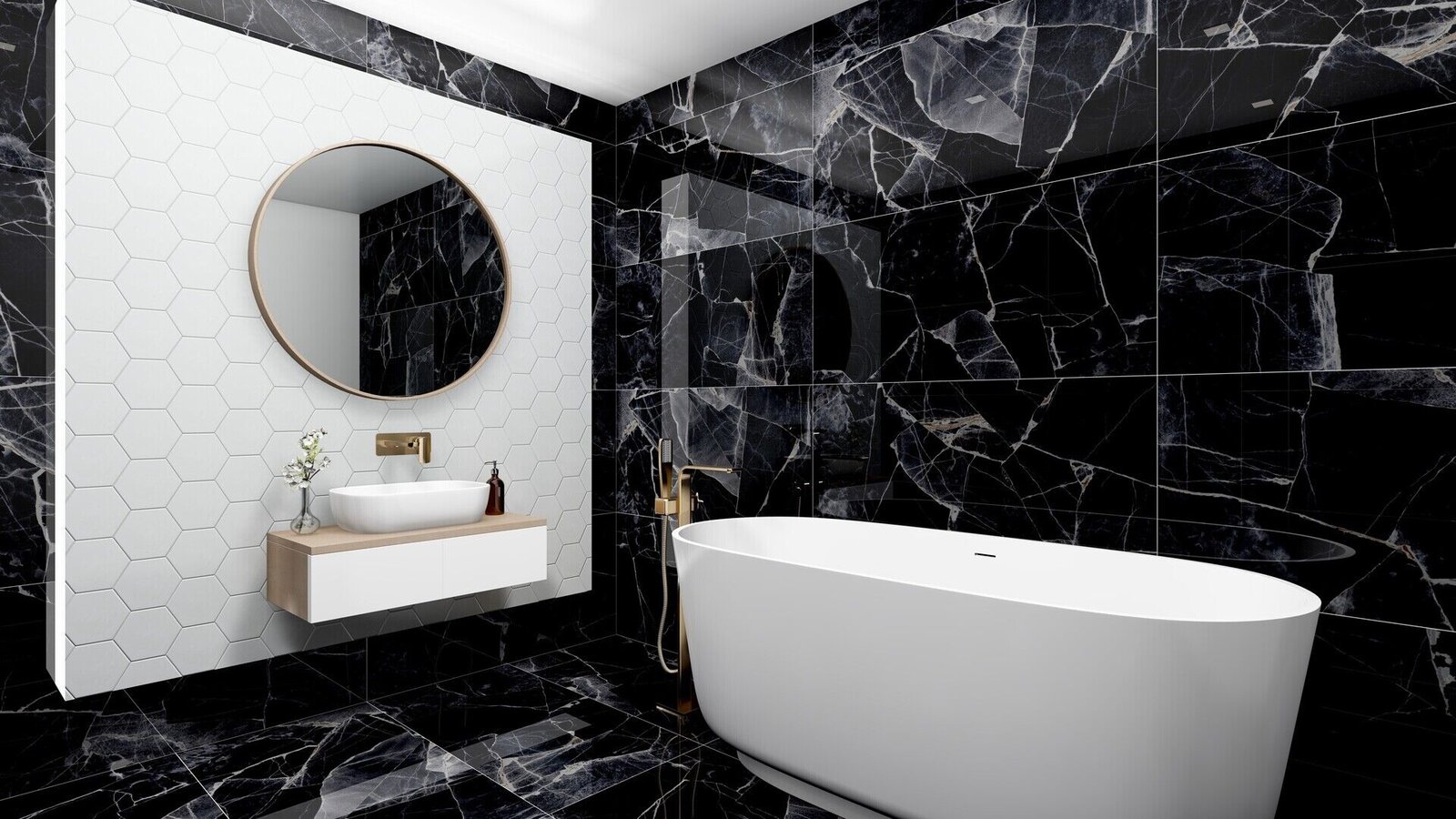 Black marble-effect porcelain with a white hexagon feature wall in a bathroom