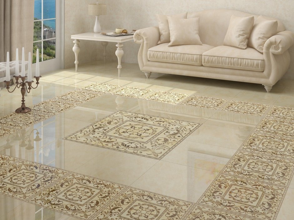 Polished cream floor tile with an ornate decorative border inset