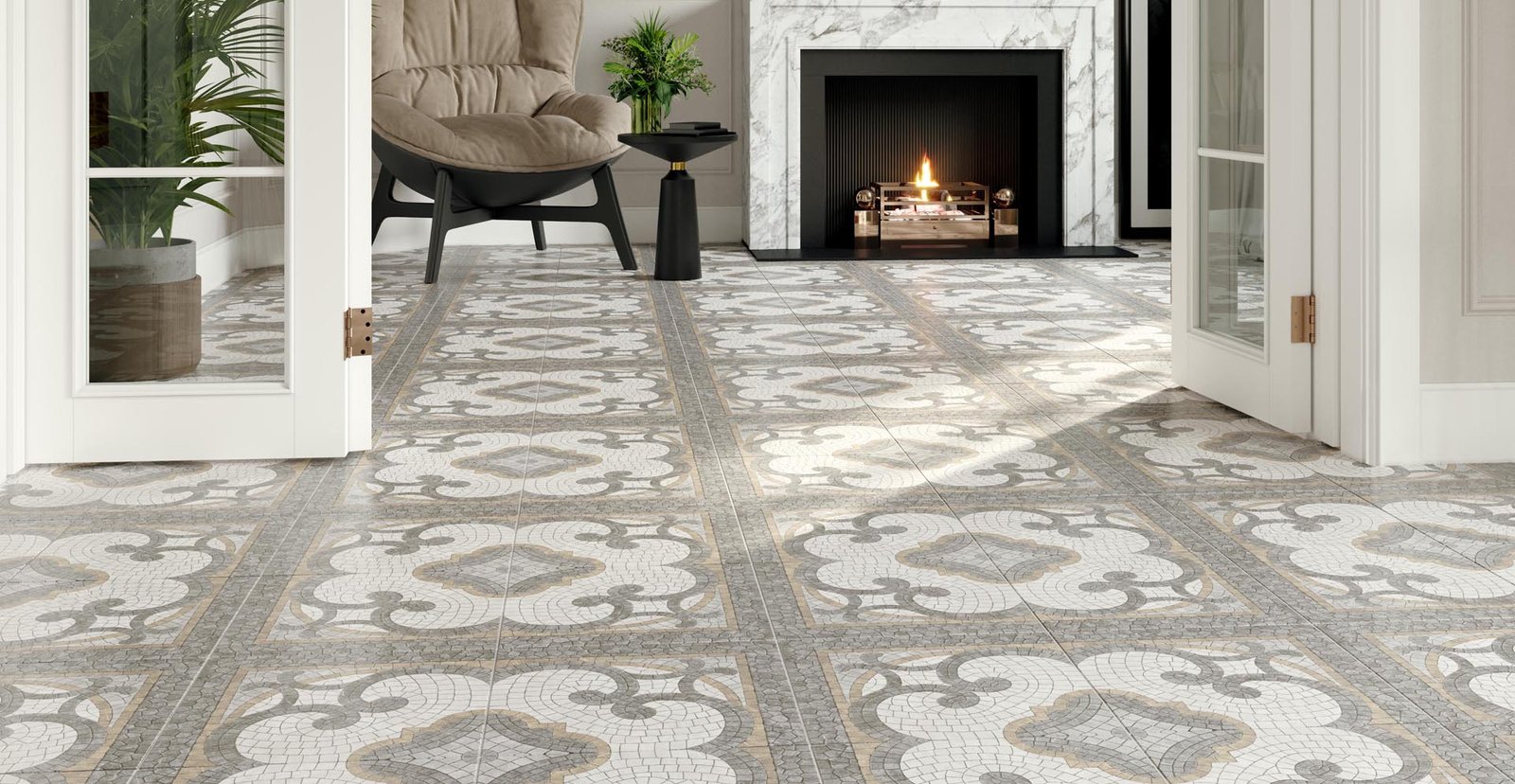 Patterned encaustic-style floor tile laid through a room with a marble fireplace